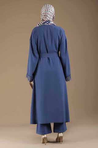 Lace Detailed Abaya Suit İndigo - 5