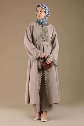 Lace Detailed Abaya Suit Mink - 1