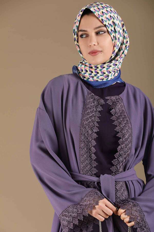 Lace Detailed Abaya Suit Purple - 4