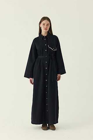 Lace Detailed Denim Dress Black - 1