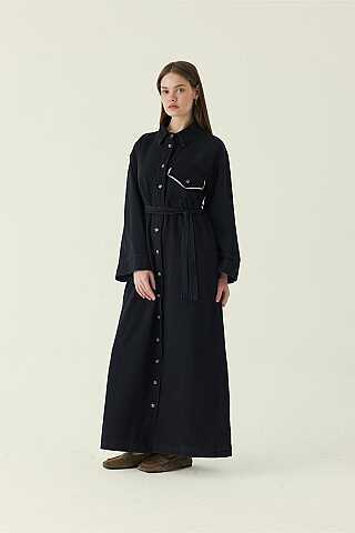 Lace Detailed Denim Dress Black - 3