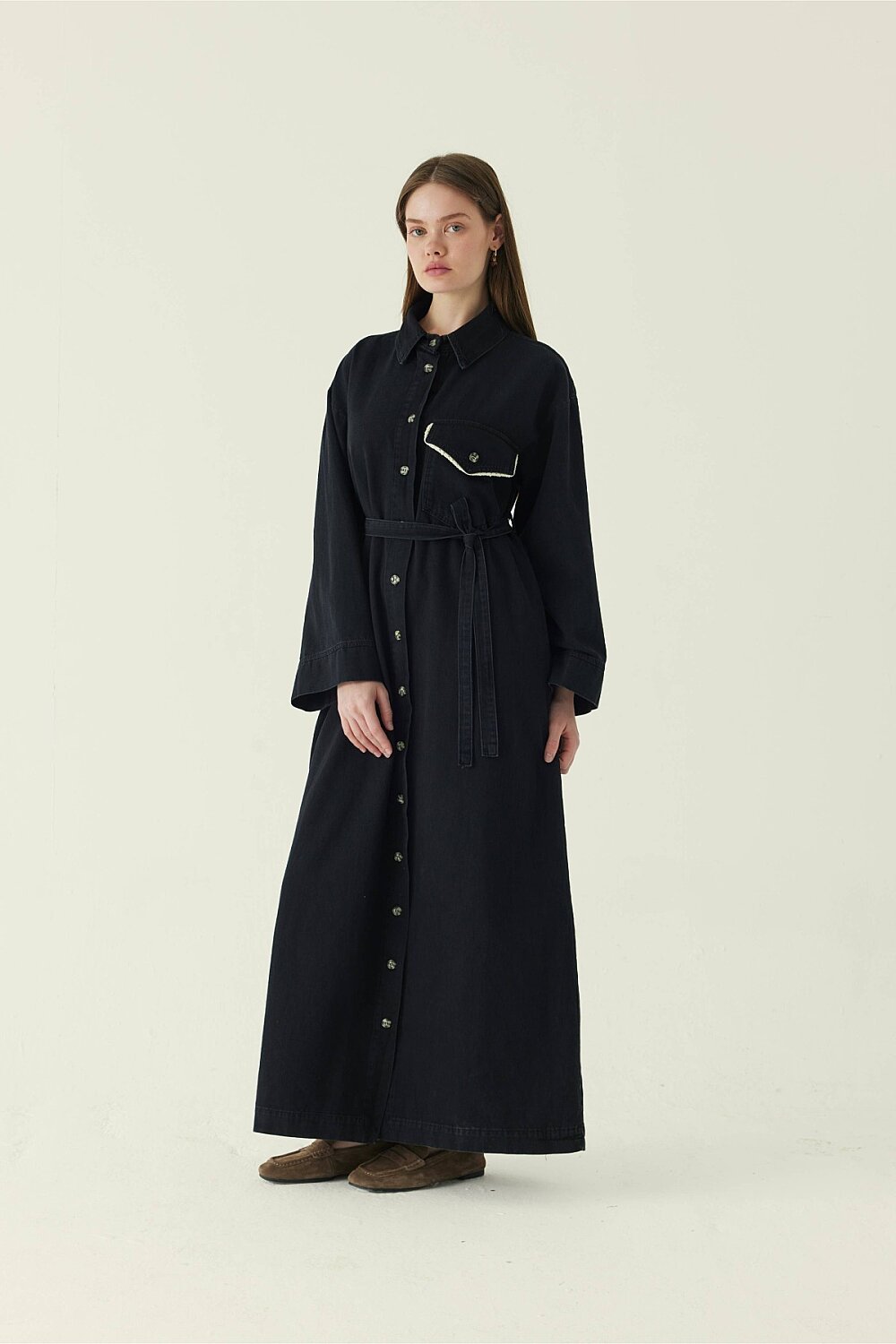 Lace Detailed Denim Dress Black - 3