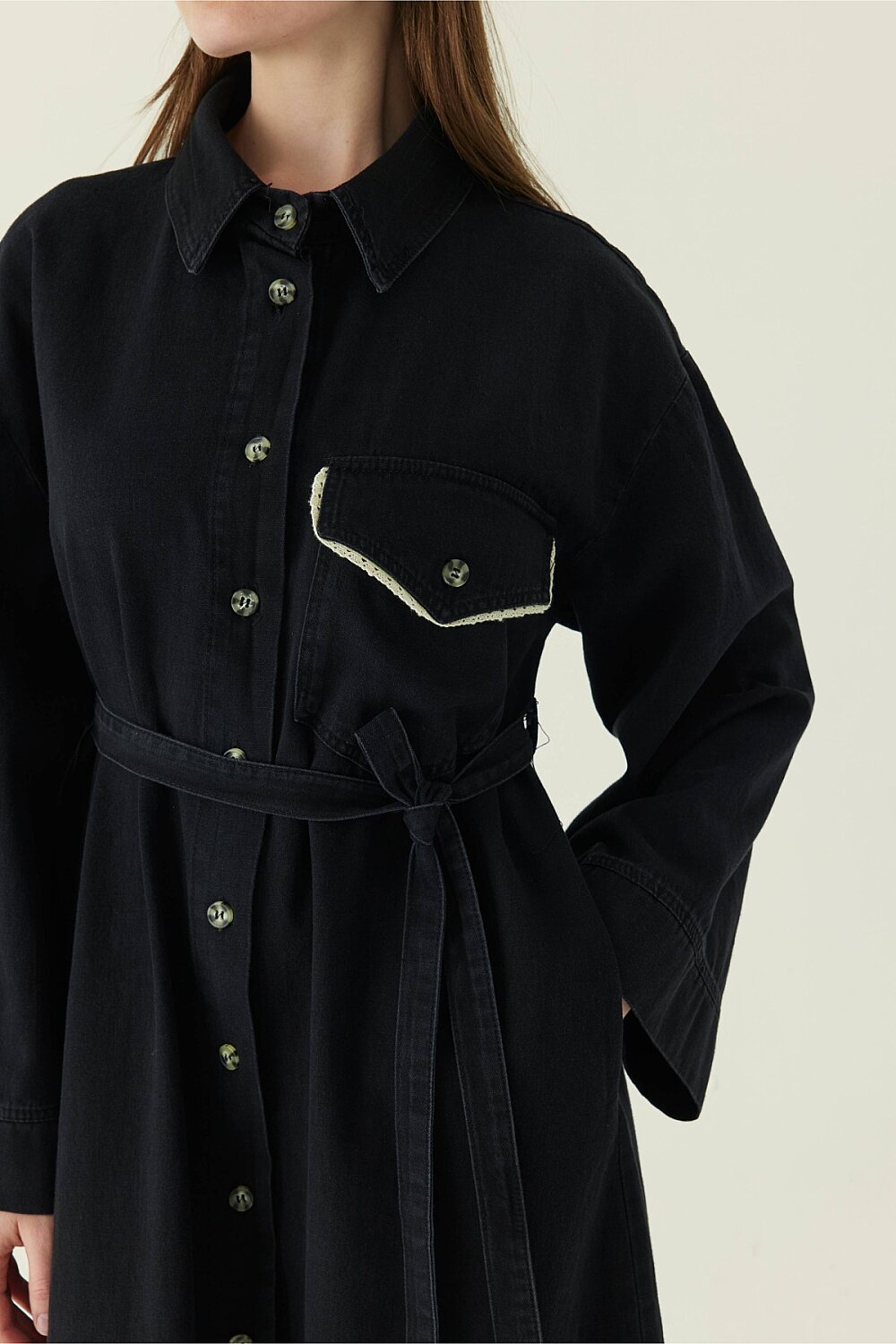 Lace Detailed Denim Dress Black - 2