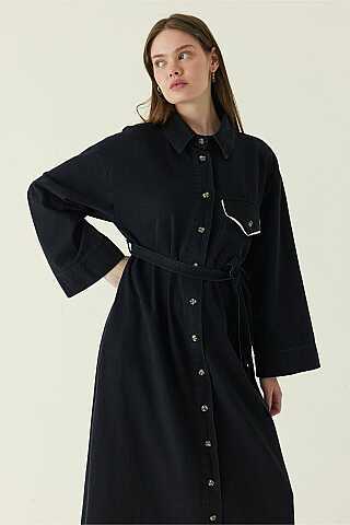 Lace Detailed Denim Dress Black - 5
