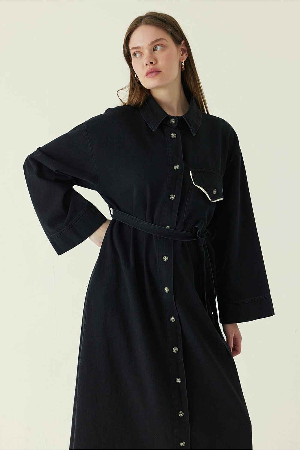 Lace Detailed Denim Dress Black - 5