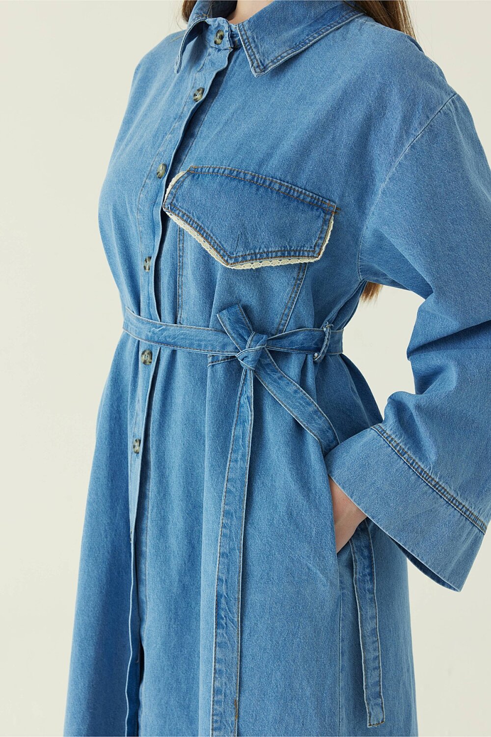 Lace Detailed Denim Dress Blue - 2