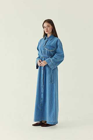 Lace Detailed Denim Dress Blue - 4
