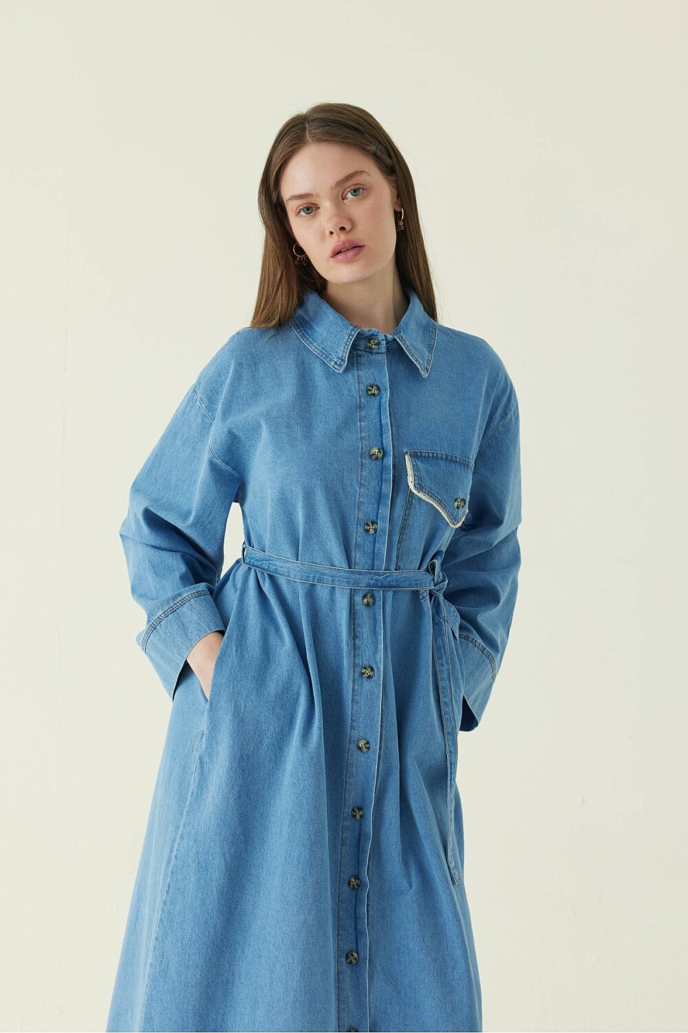 Lace Detailed Denim Dress Blue - 3