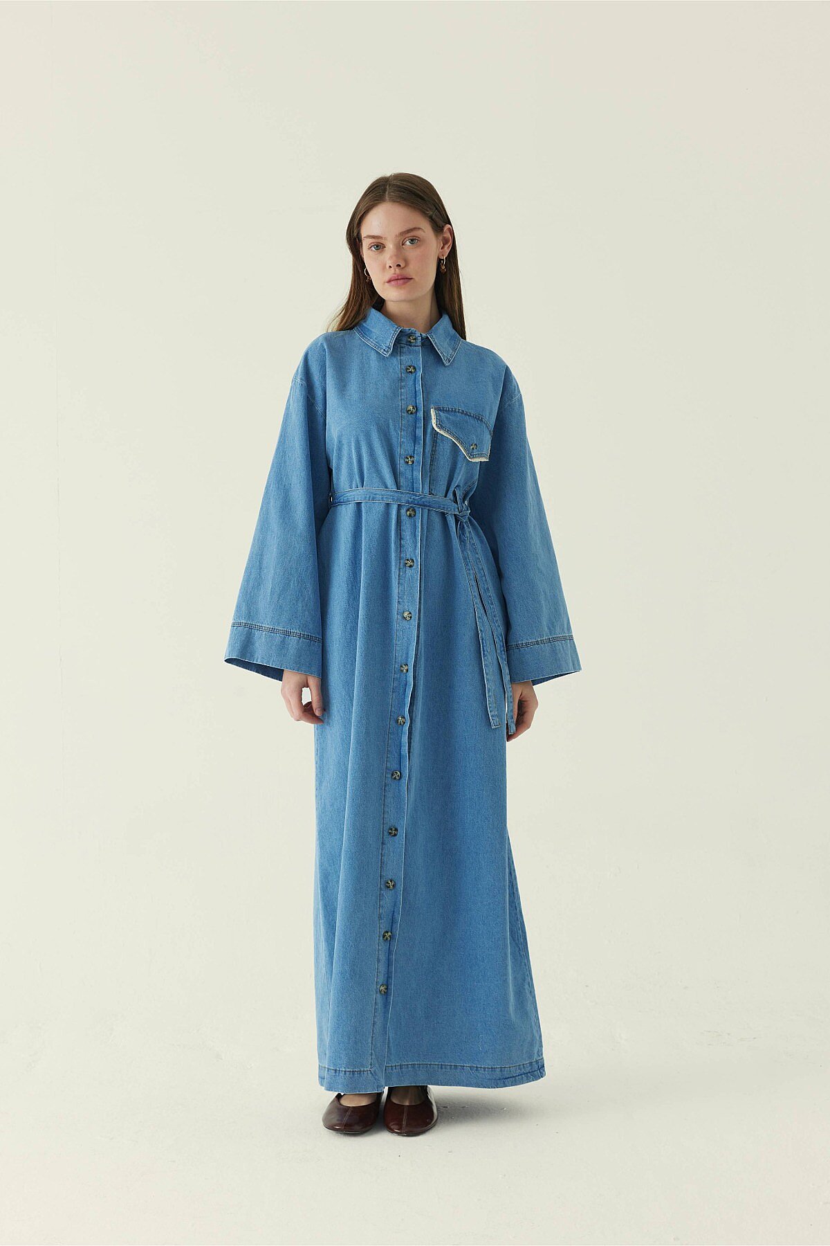 Lace Detailed Denim Dress Blue