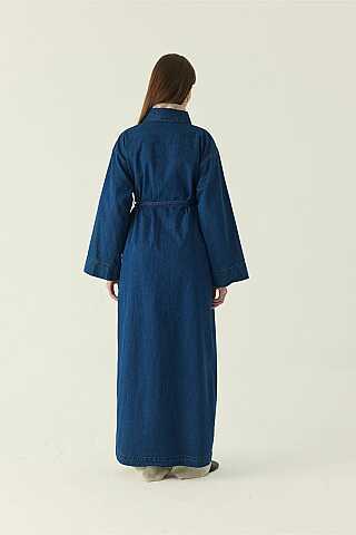 Lace Detailed Denim Dress Dark Blue - 4