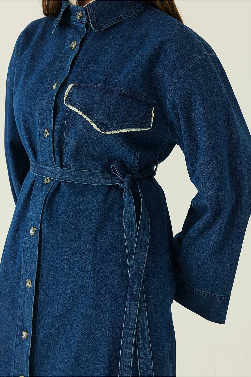 Lace Detailed Denim Dress Dark Blue - 2