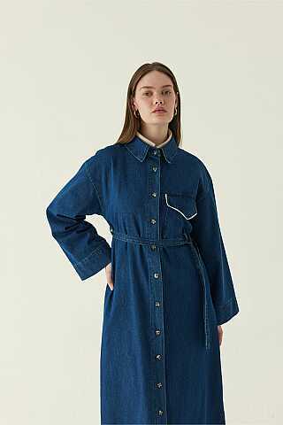 Lace Detailed Denim Dress Dark Blue - 5