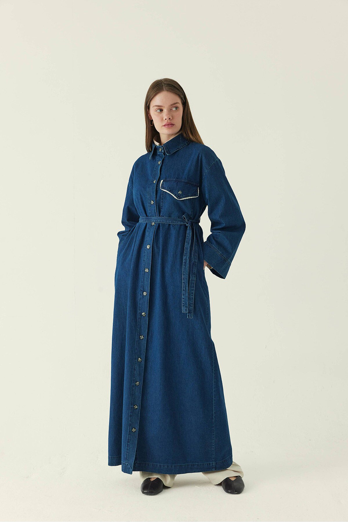 Lace Detailed Denim Dress Dark Blue