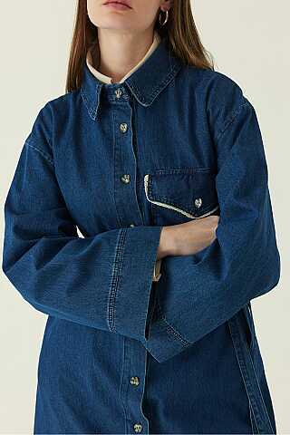 Lace Detailed Denim Dress Dark Blue - 2