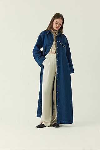 Lace Detailed Denim Dress Dark Blue - 5