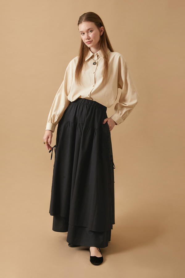 Lace Detailed Linen Skirt Black - 2