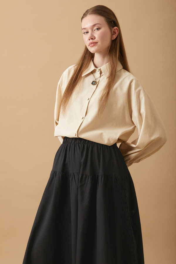 Lace Detailed Linen Skirt Black - 3