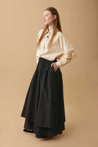 Lace Detailed Linen Skirt Black - 4