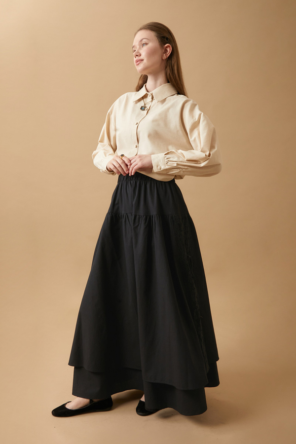 Lace Detailed Linen Skirt Black - 10