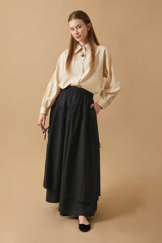 Lace Detailed Linen Skirt Black - 2