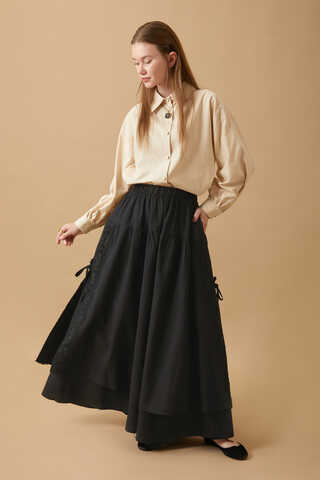 Lace Detailed Linen Skirt Black - 5