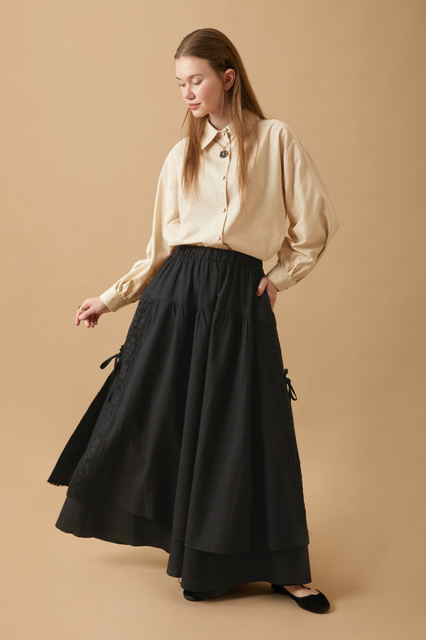 Lace Detailed Linen Skirt Black - 5