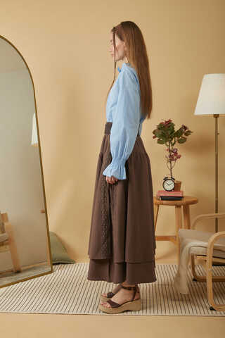 Lace Detailed Linen Skirt Brown - 5