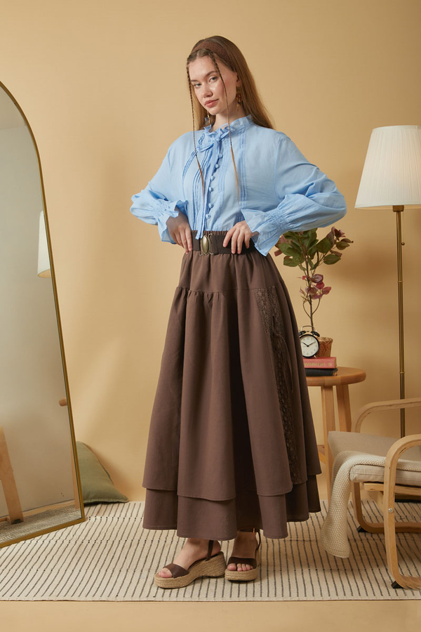 Lace Detailed Linen Skirt Brown - 6