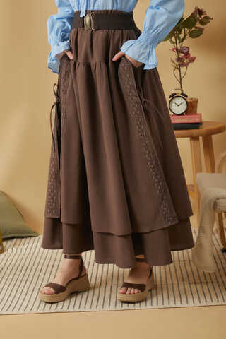 Lace Detailed Linen Skirt Brown - 7