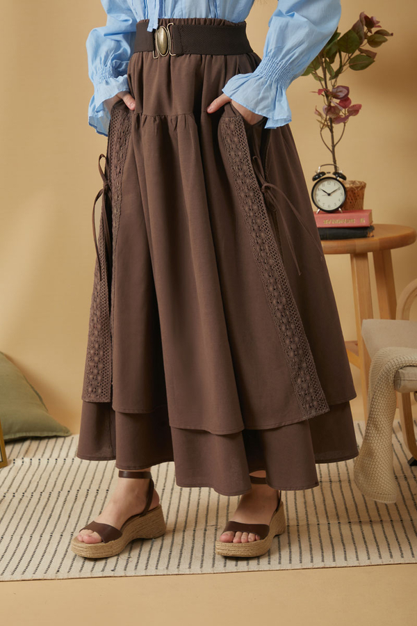 Lace Detailed Linen Skirt Brown - 7