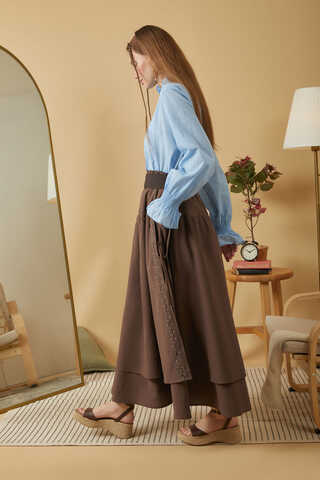 Lace Detailed Linen Skirt Brown - 8