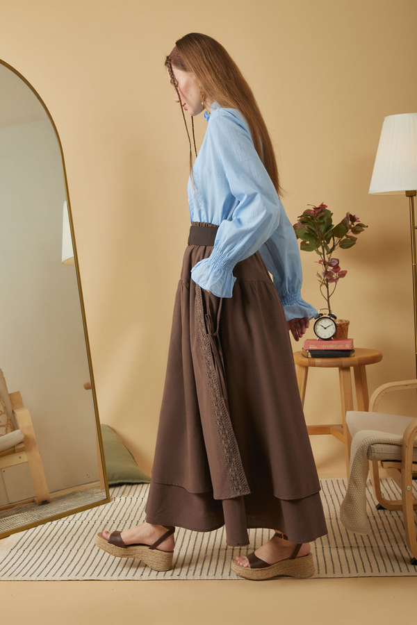 Lace Detailed Linen Skirt Brown - 8