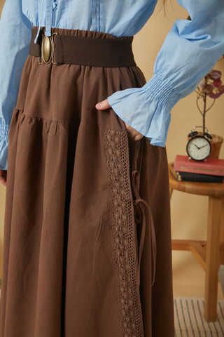 Lace Detailed Linen Skirt Brown - 4