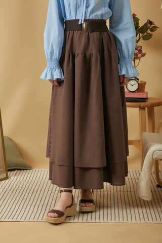 Lace Detailed Linen Skirt Brown - 2