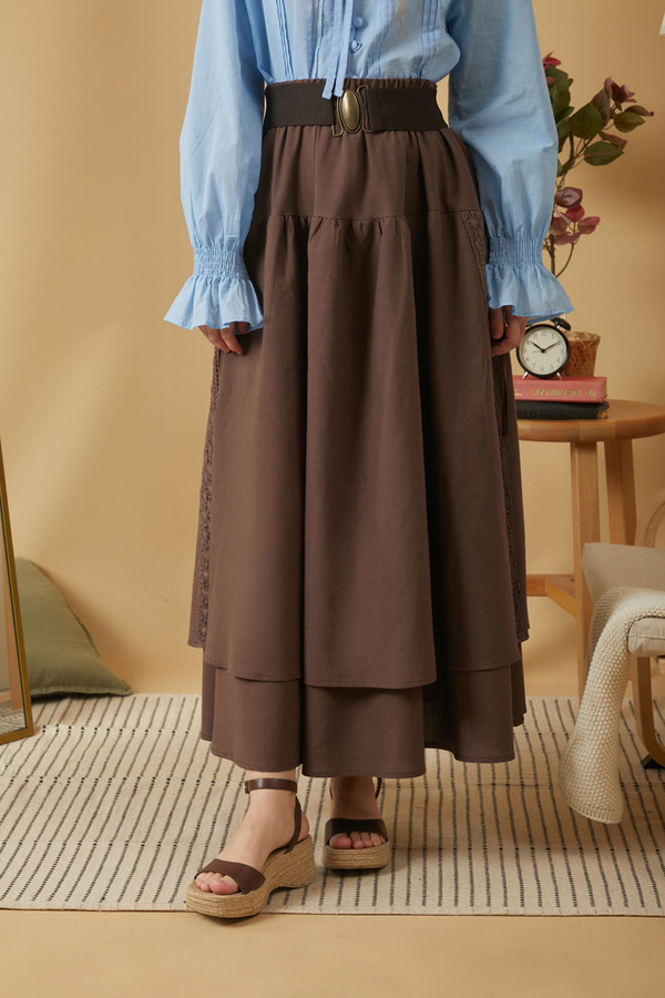 Lace Detailed Linen Skirt Brown - 2