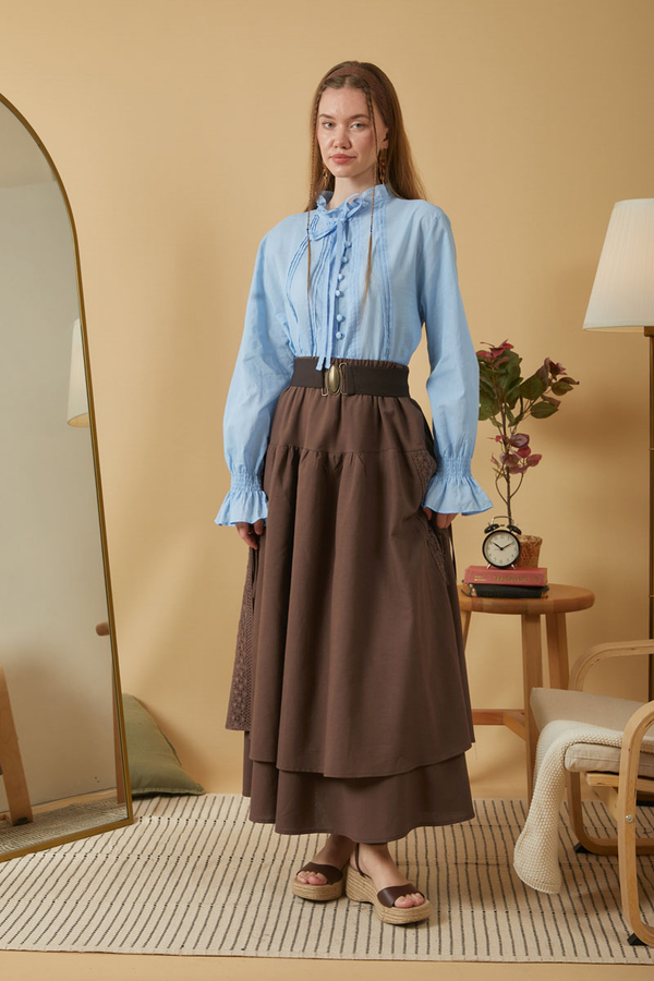 Lace Detailed Linen Skirt Brown - 3