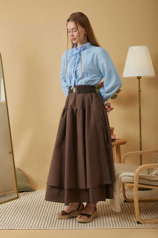 Lace Detailed Linen Skirt Brown - 1
