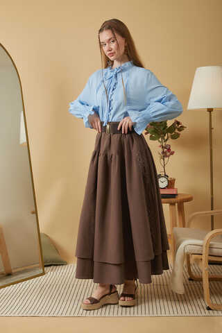 Lace Detailed Linen Skirt Brown - 6