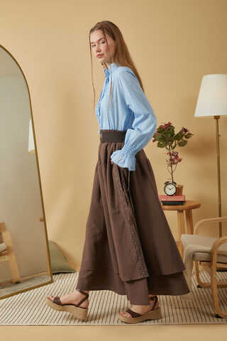 Lace Detailed Linen Skirt Brown - 9