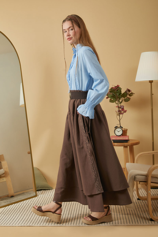 Lace Detailed Linen Skirt Brown - 9