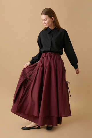 Lace Detailed Linen Skirt Burgundy - 7