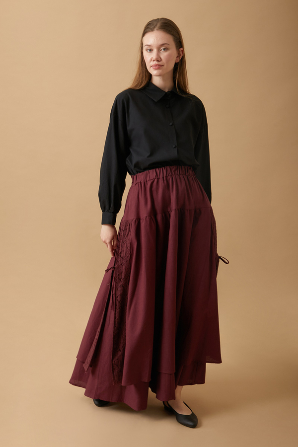 Lace Detailed Linen Skirt Burgundy - 8