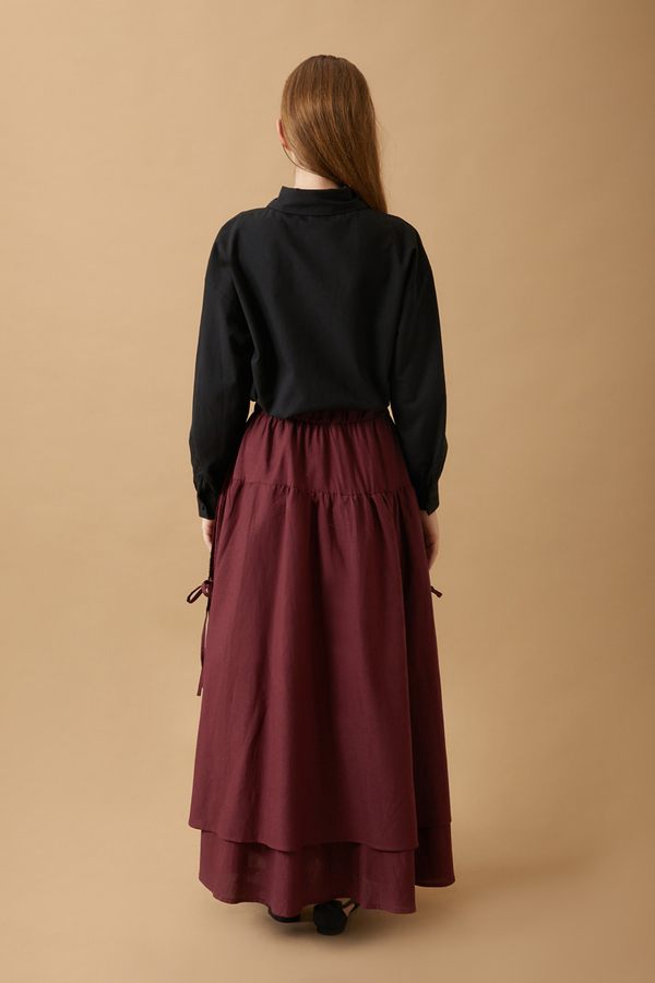 Lace Detailed Linen Skirt Burgundy - 10