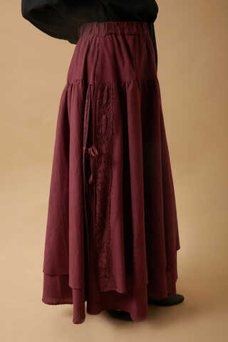 Lace Detailed Linen Skirt Burgundy - 6