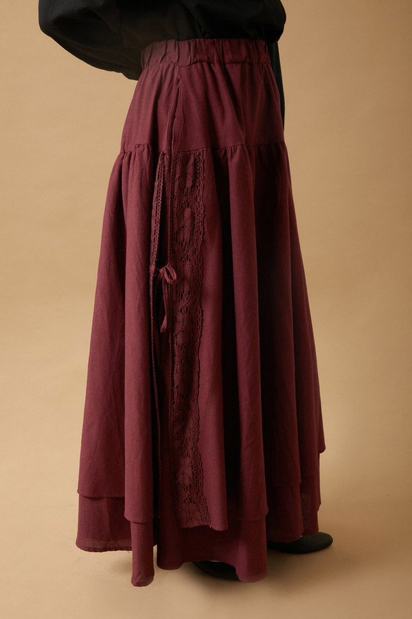 Lace Detailed Linen Skirt Burgundy - 6