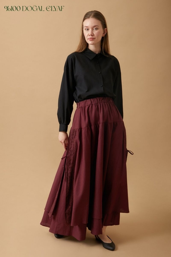 Lace Detailed Linen Skirt Burgundy - 1