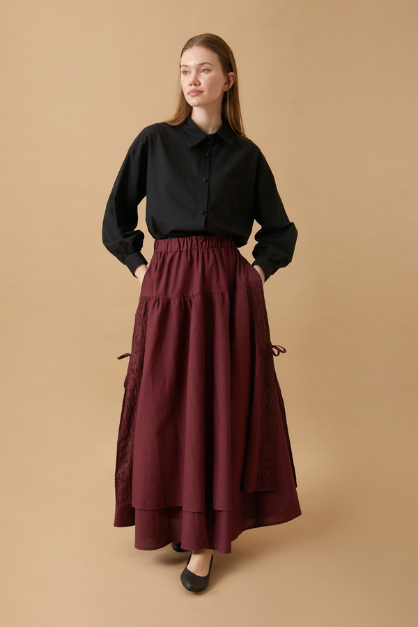 Lace Detailed Linen Skirt Burgundy - 5