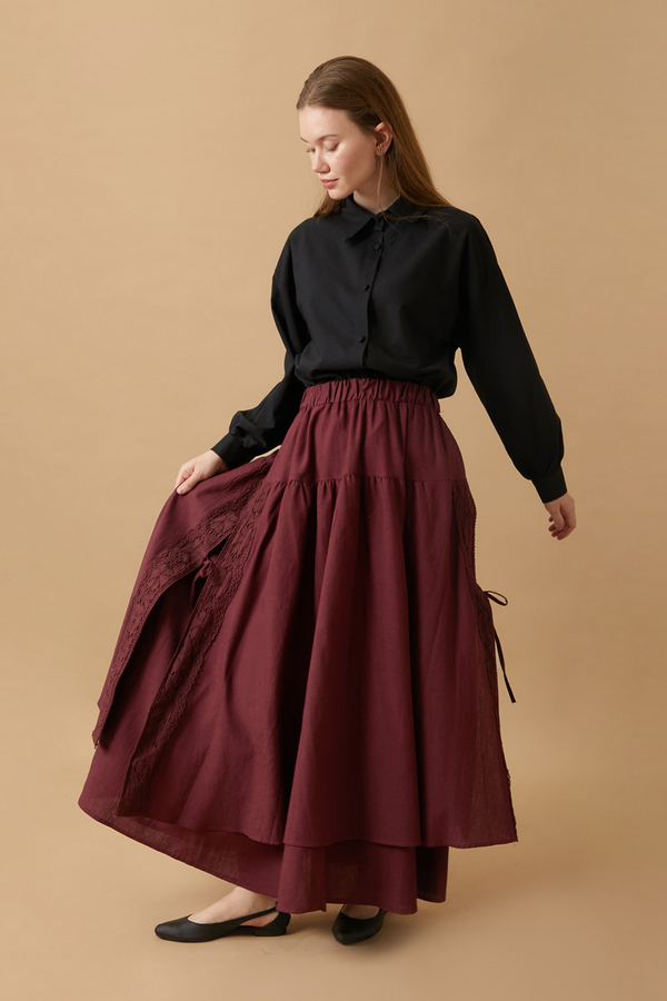 Lace Detailed Linen Skirt Burgundy - 7