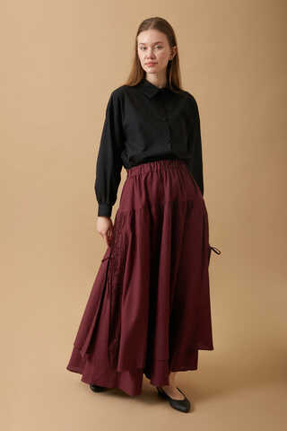 Lace Detailed Linen Skirt Burgundy - 8