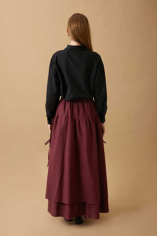 Lace Detailed Linen Skirt Burgundy - 10
